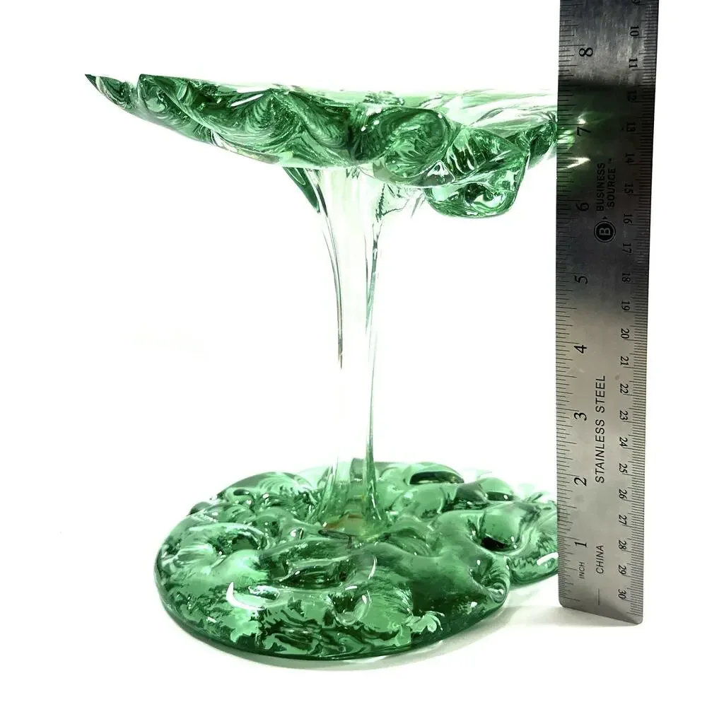 Vintage Recycled Green Art Glass Pedestal Vase Bowl Hand Blown 8” Organic